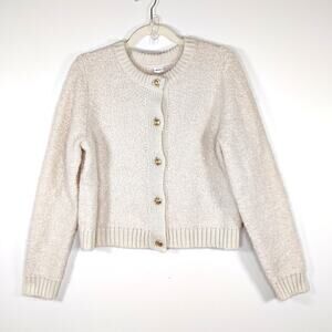 GAP Wool Blend Bouclé Cardigan Sweater Ivory Gold Crest Buttons M Cropped